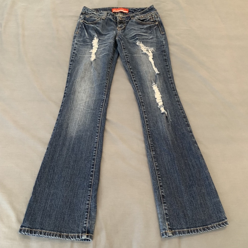 Zana Di Jeans Juniors 7 Blue Medium Wash Low Rise Flare Distressed Stretch Denim